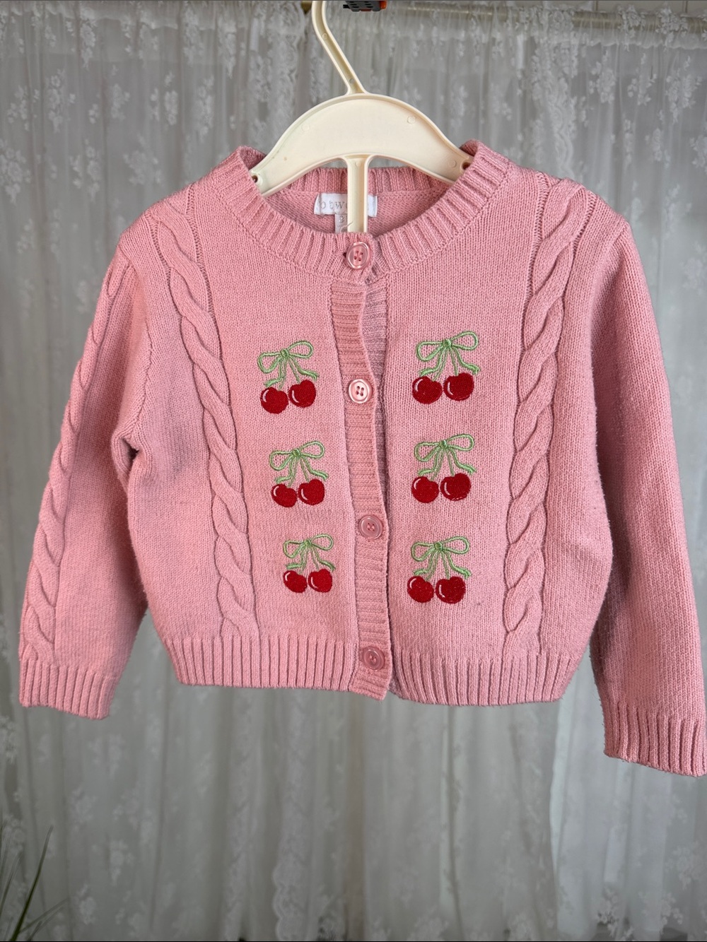 (5for$12) Girls Pink Cherry Embroidered Knit Cardigan- btween- 3T